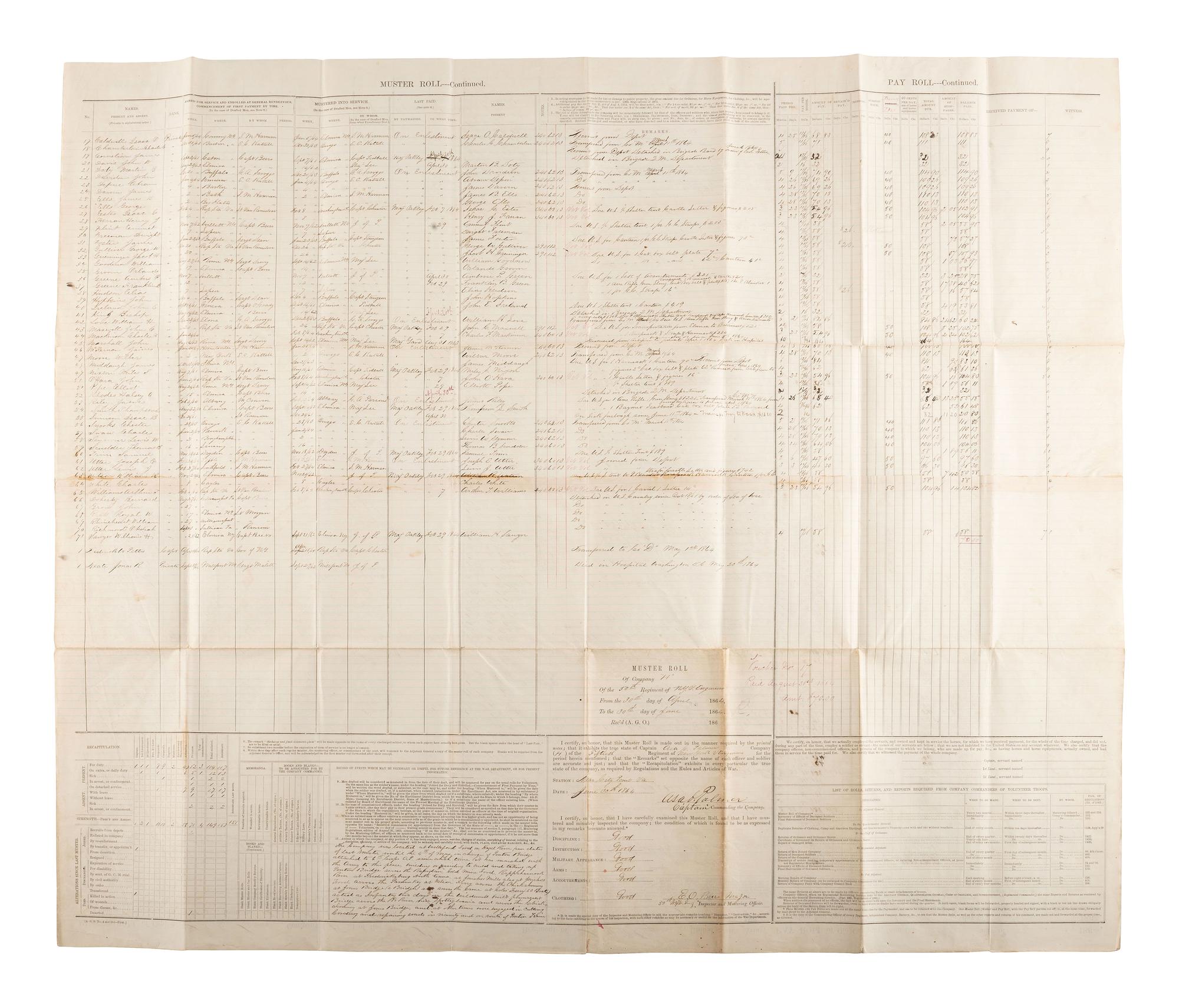 [CIVIL WAR]. A group of 3 Union muster rolls representing the 50th New York Engineers, 10th New York Infantry, and 39th Massachusetts Volunteer Infantry.