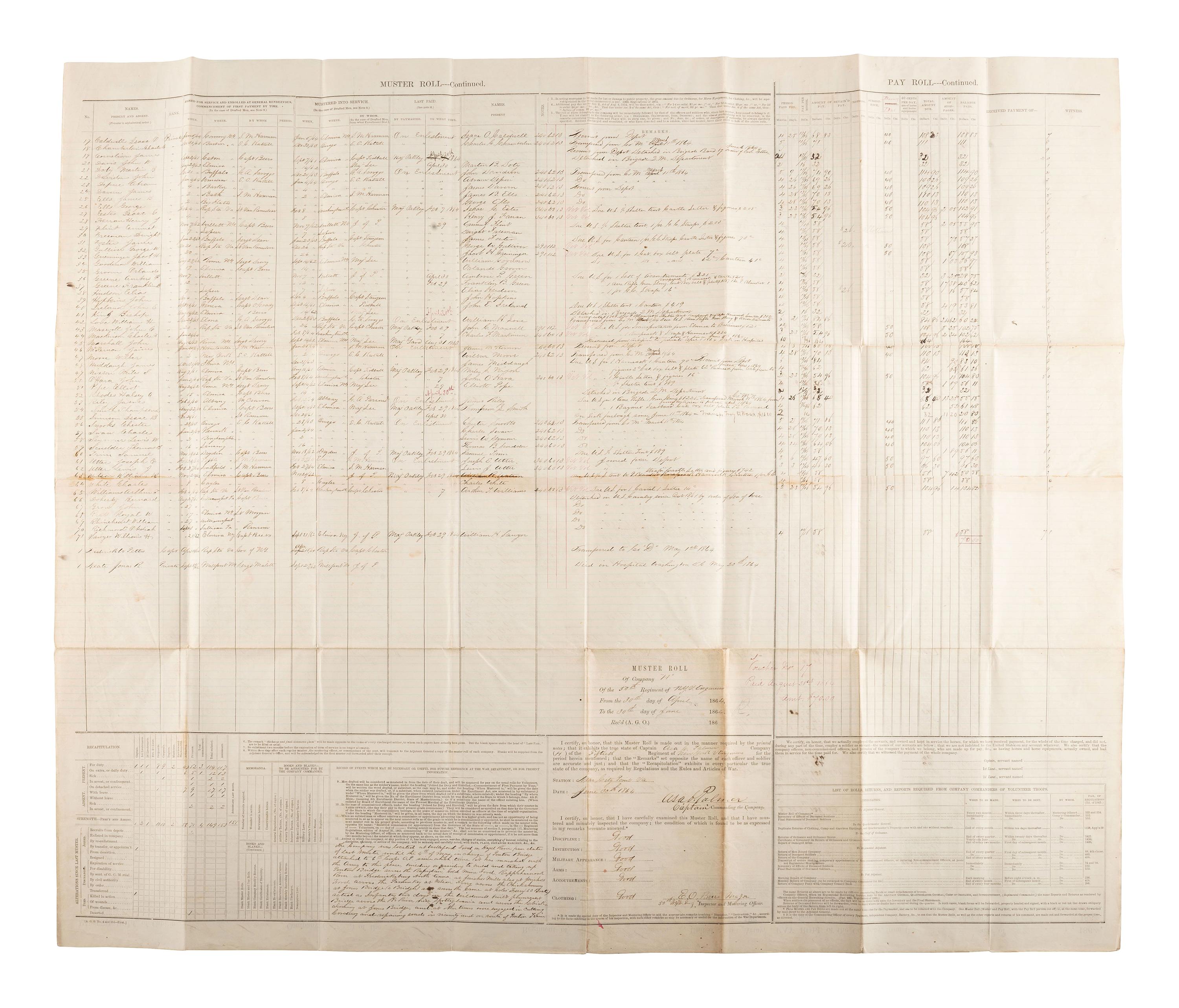 [CIVIL WAR]. A group of 3 Union muster rolls representing the 50th New York Engineers, 10th New York Infantry, and 39th Massachusetts Volunteer Infantry.