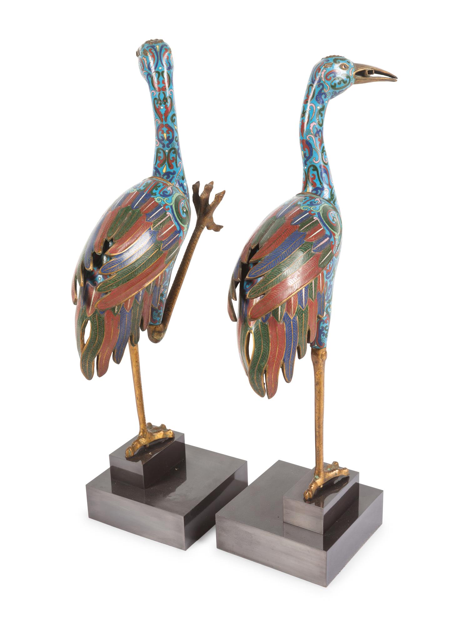 A Pair of Cloisonné Models of Cranes
