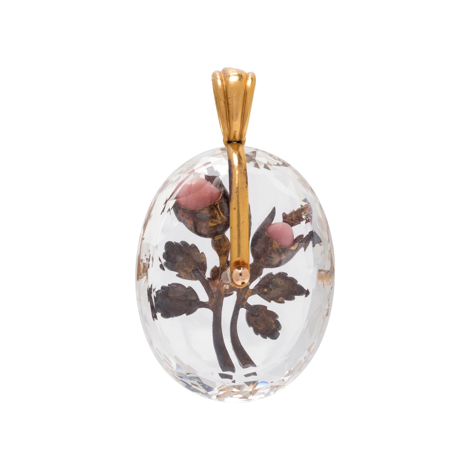 ANTIQUE, ROCK CRYSTAL, CONCH PEARL AND DIAMOND PENDANT