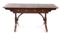 A Regency Satinwood Banded Mahogany Sofa Table, Height 26 x width 36 1/8 x depth 24 1/4 inches.