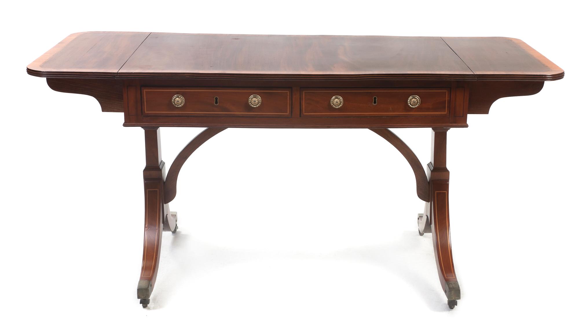 A Regency Satinwood Banded Mahogany Sofa Table, Height 26 x width 36 1/8 x depth 24 1/4 inches.