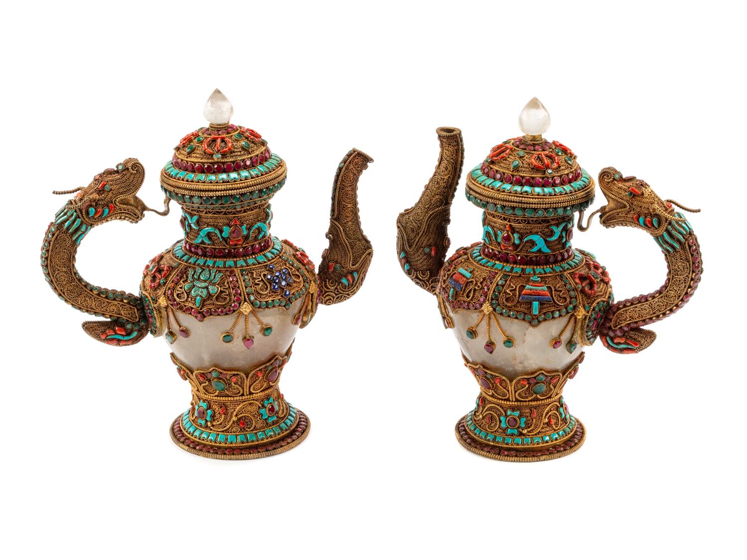 A Pair of Jeweled Gilt Filigree and Rock Crystal Teapots