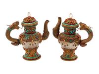 A Pair of Jeweled Gilt Filigree and Rock Crystal Teapots