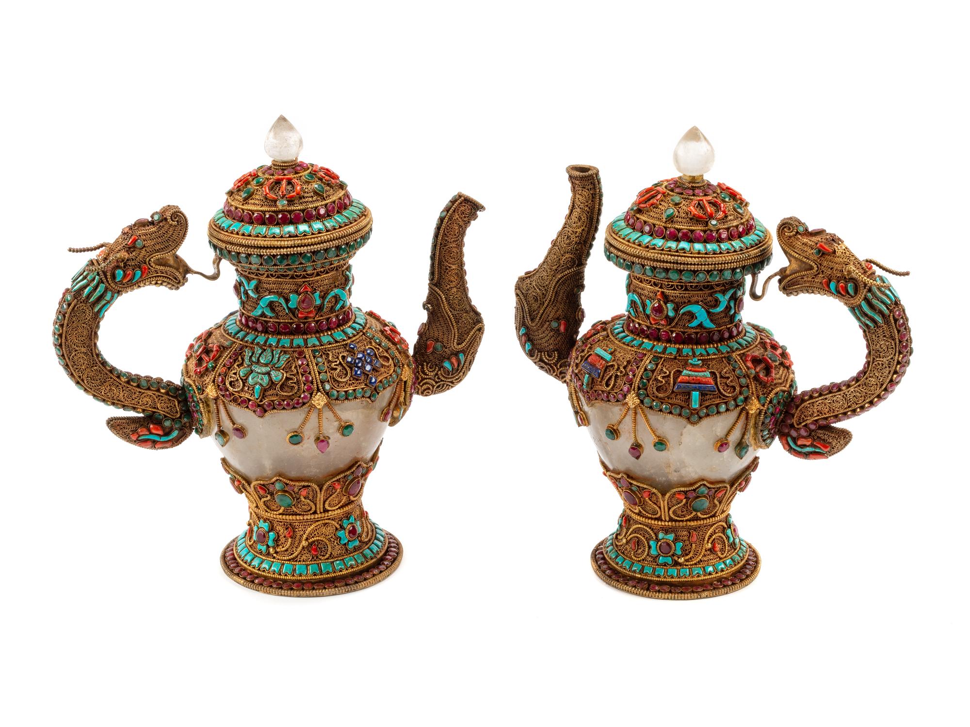 A Pair of Jeweled Gilt Filigree and Rock Crystal Teapots