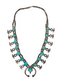 Navajo Sandcast Silver and Turquoise Squash Blossom Necklace