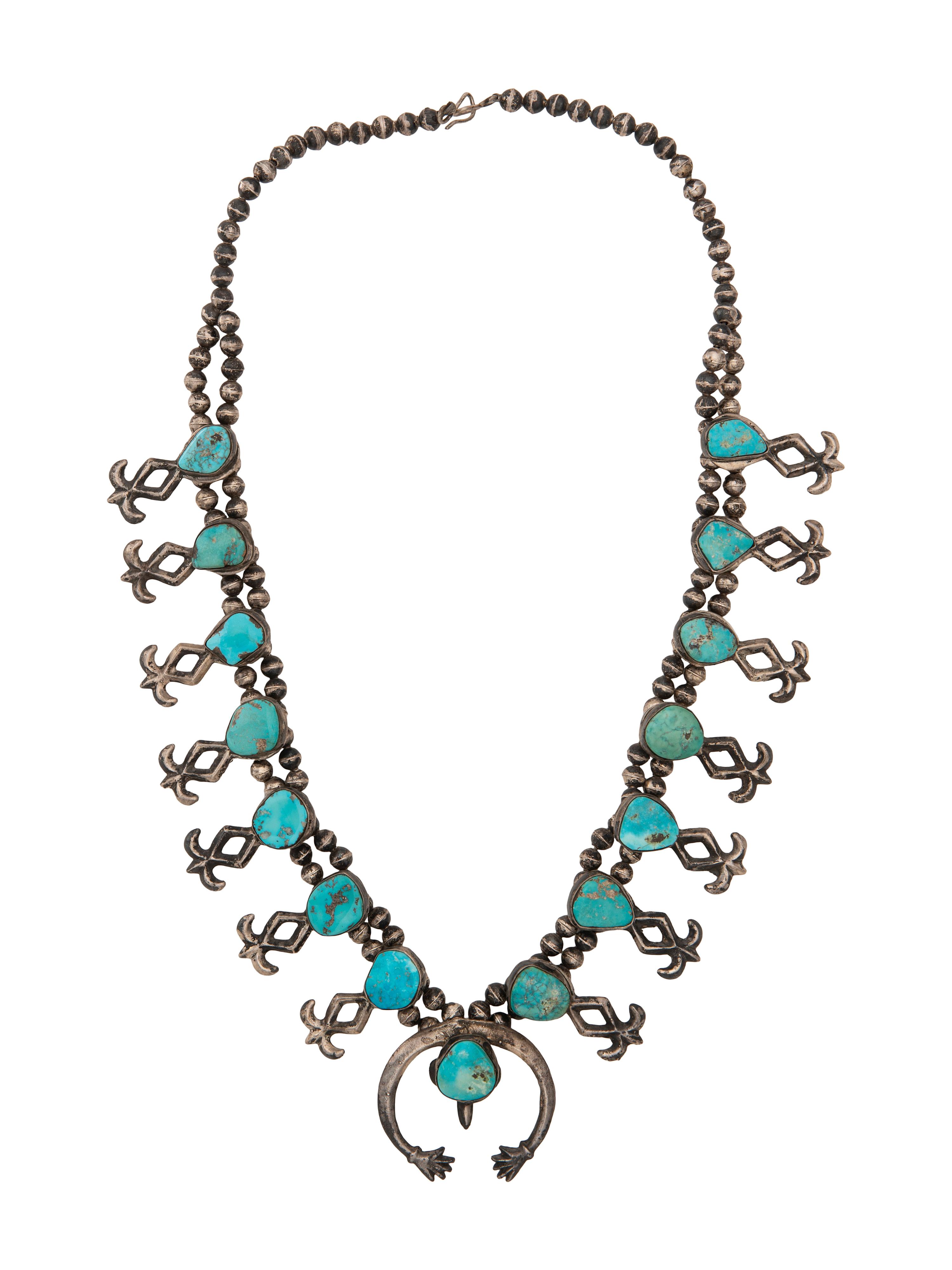 Navajo Sandcast Silver and Turquoise Squash Blossom Necklace