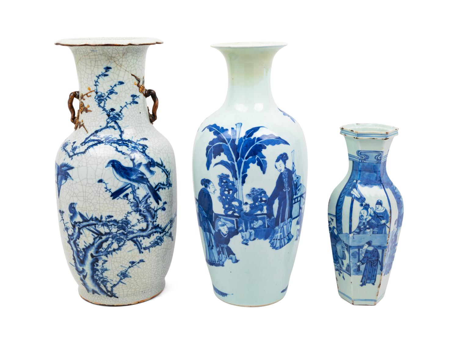 Three Chinese Blue and White Porcelain Vases