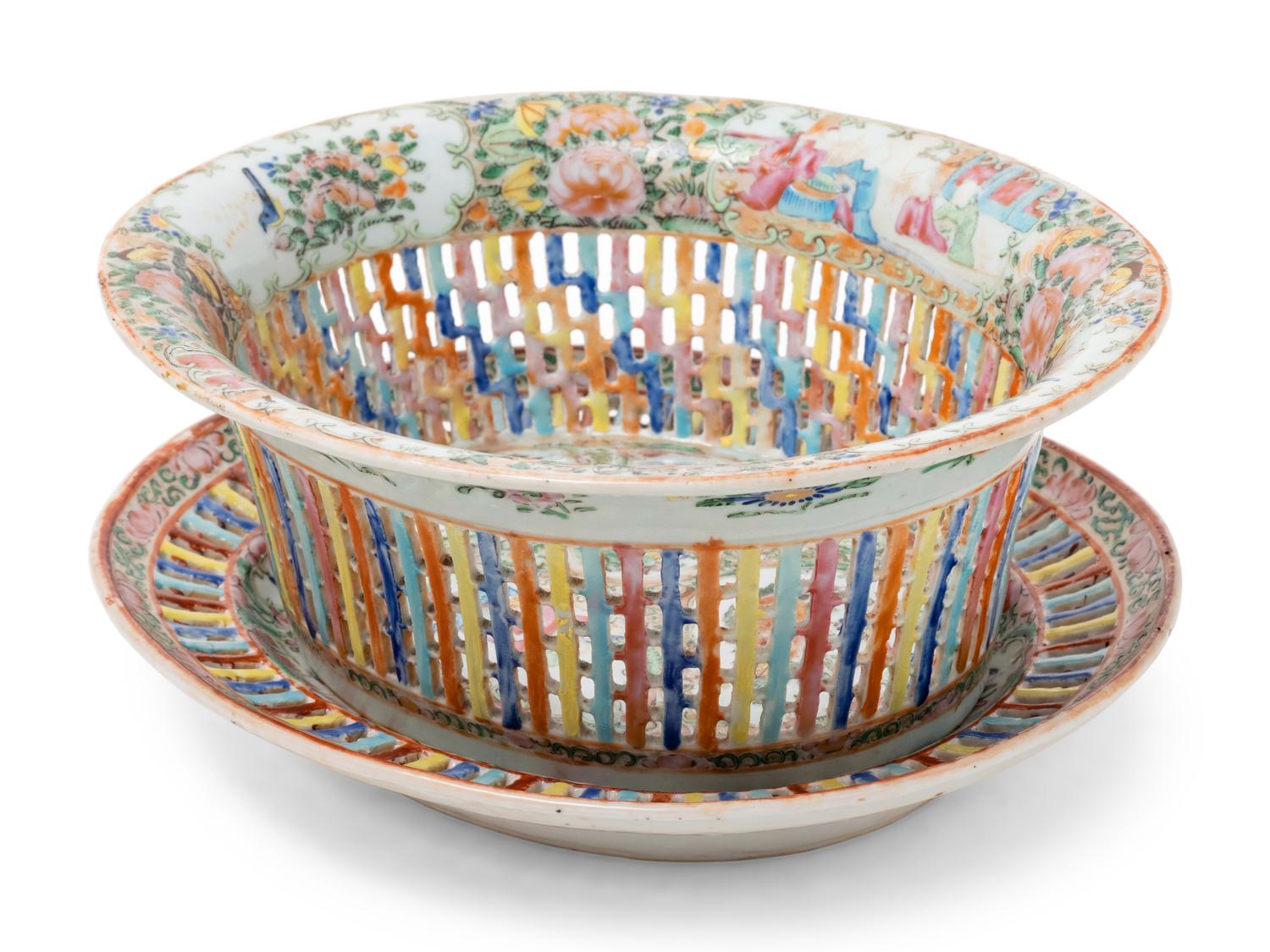 A Chinese Rose Medallion Reticulated Porcelain Basket and Underplate