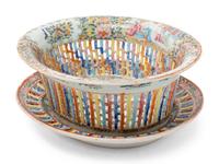 A Chinese Rose Medallion Reticulated Porcelain Basket and Underplate