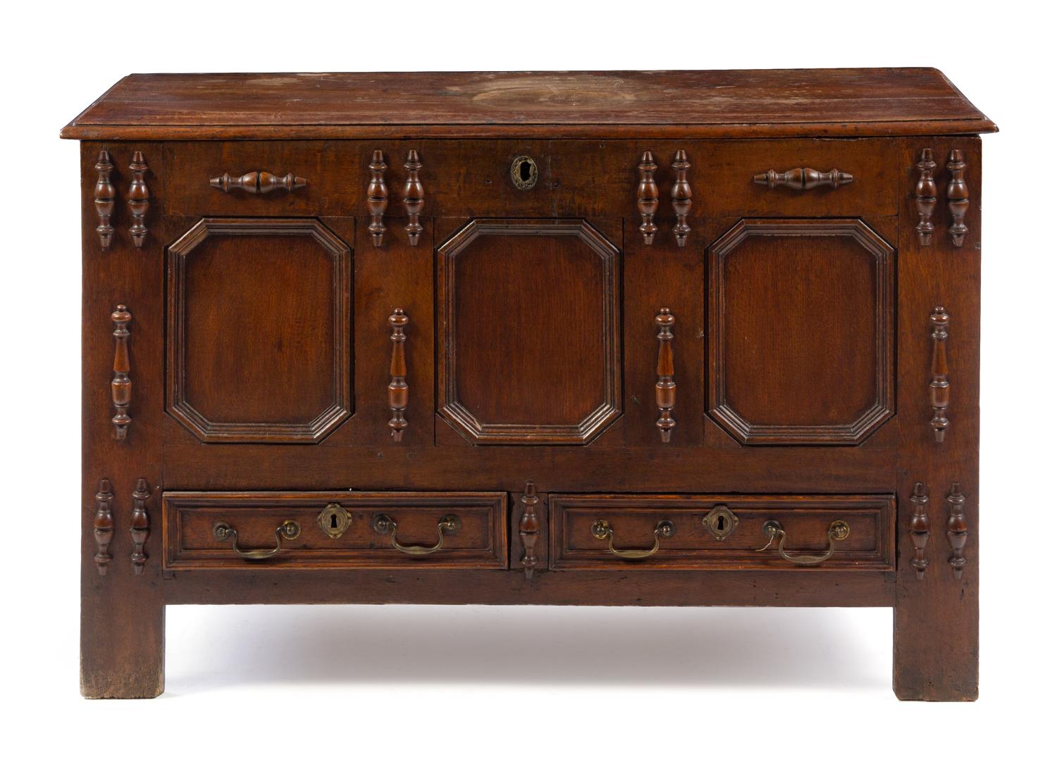 A George I Oak Coffer Height 31 x width 48 3/4 x depth 20 1/2 inches. — EARLY 18TH CENTURY
