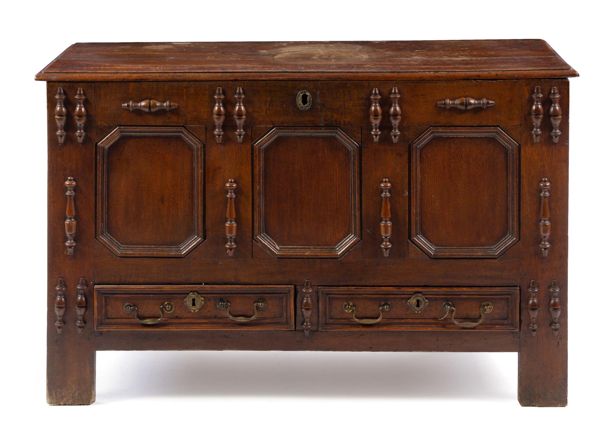 A George I Oak Coffer Height 31 x width 48 3/4 x depth 20 1/2 inches. — EARLY 18TH CENTURY