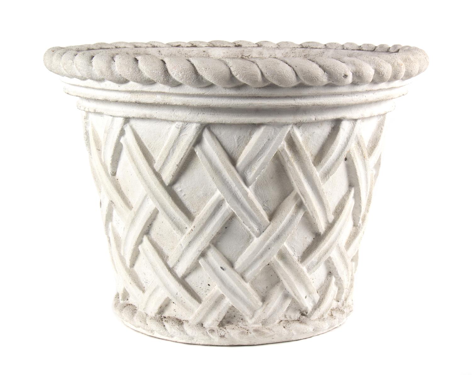 A Group of Five Concrete Planters Height of larger 15 1/2 inches x diameter 21 inches.