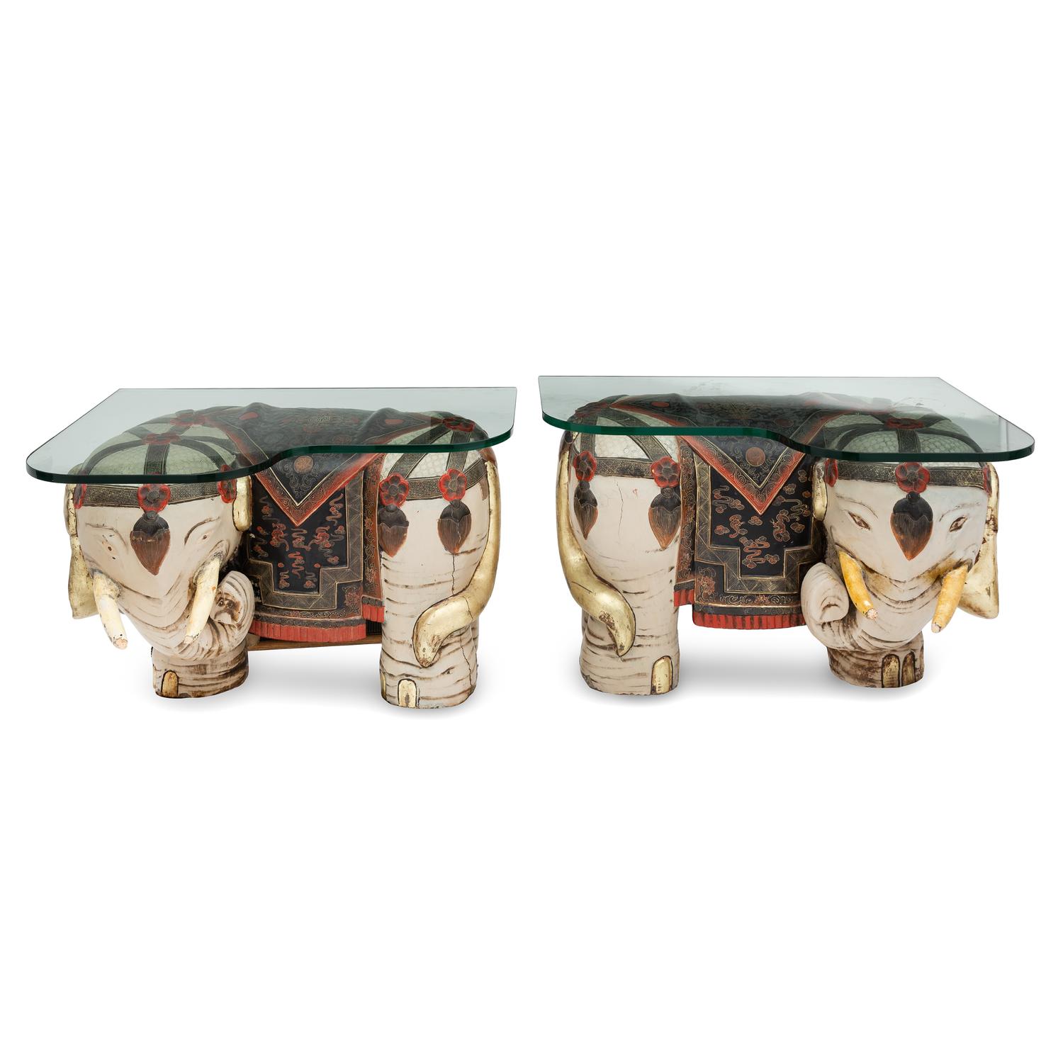 A Pair of Elephant Form Side Tables With Glass Tops