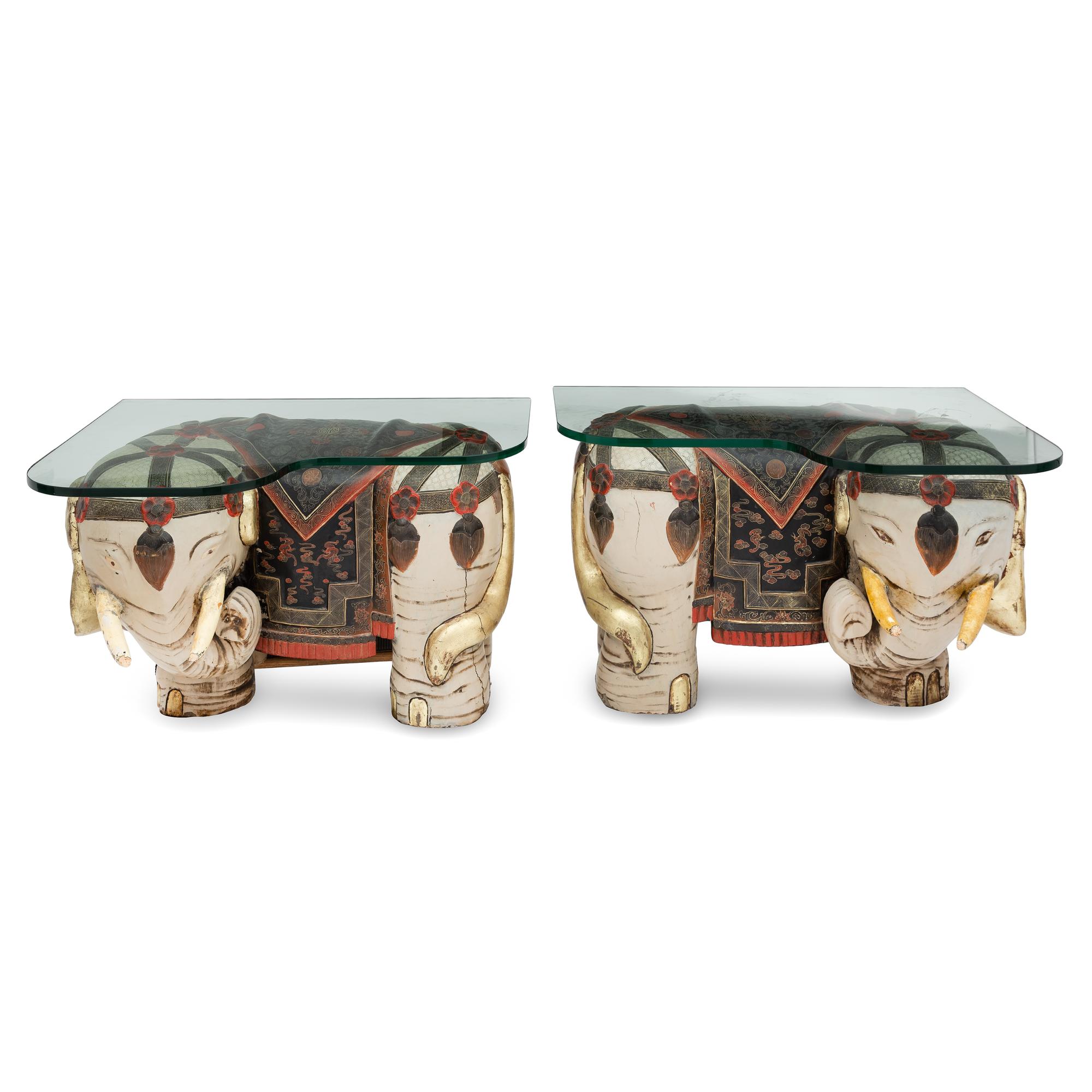 A Pair of Elephant Form Side Tables With Glass Tops