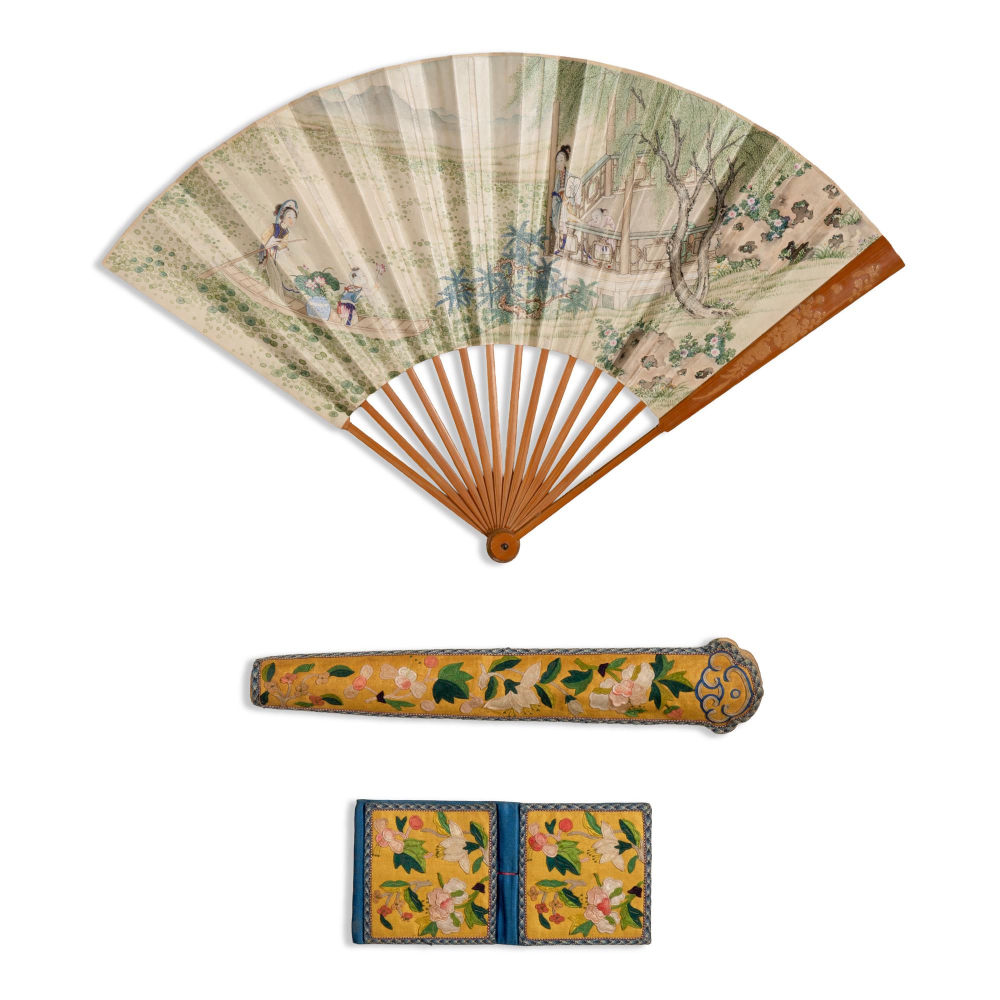 A Chinese Painted Folding Fan and Two Silk-Embroidered Accessories, 19th Century — 清晚期 紙本設色采蓮圖摺扇及黃地綉花扇套、錢包一套