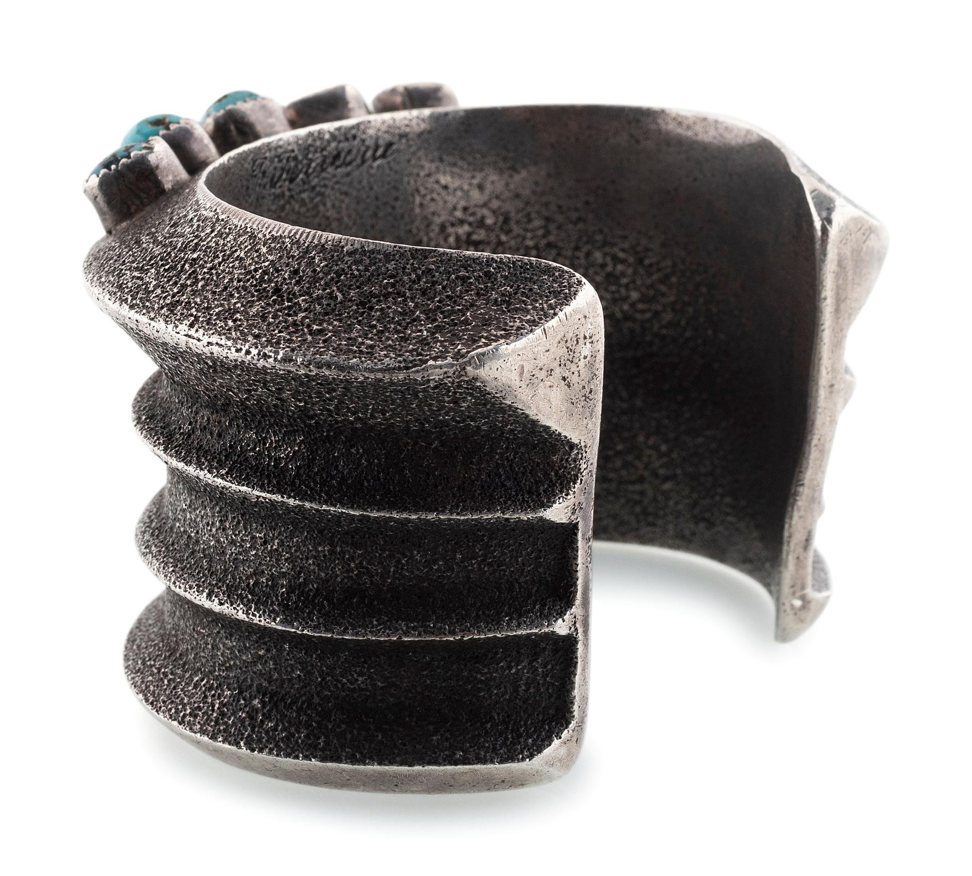 Navajo Heavy Tufa Cast Silver and Turquoise Cuff Bracelet