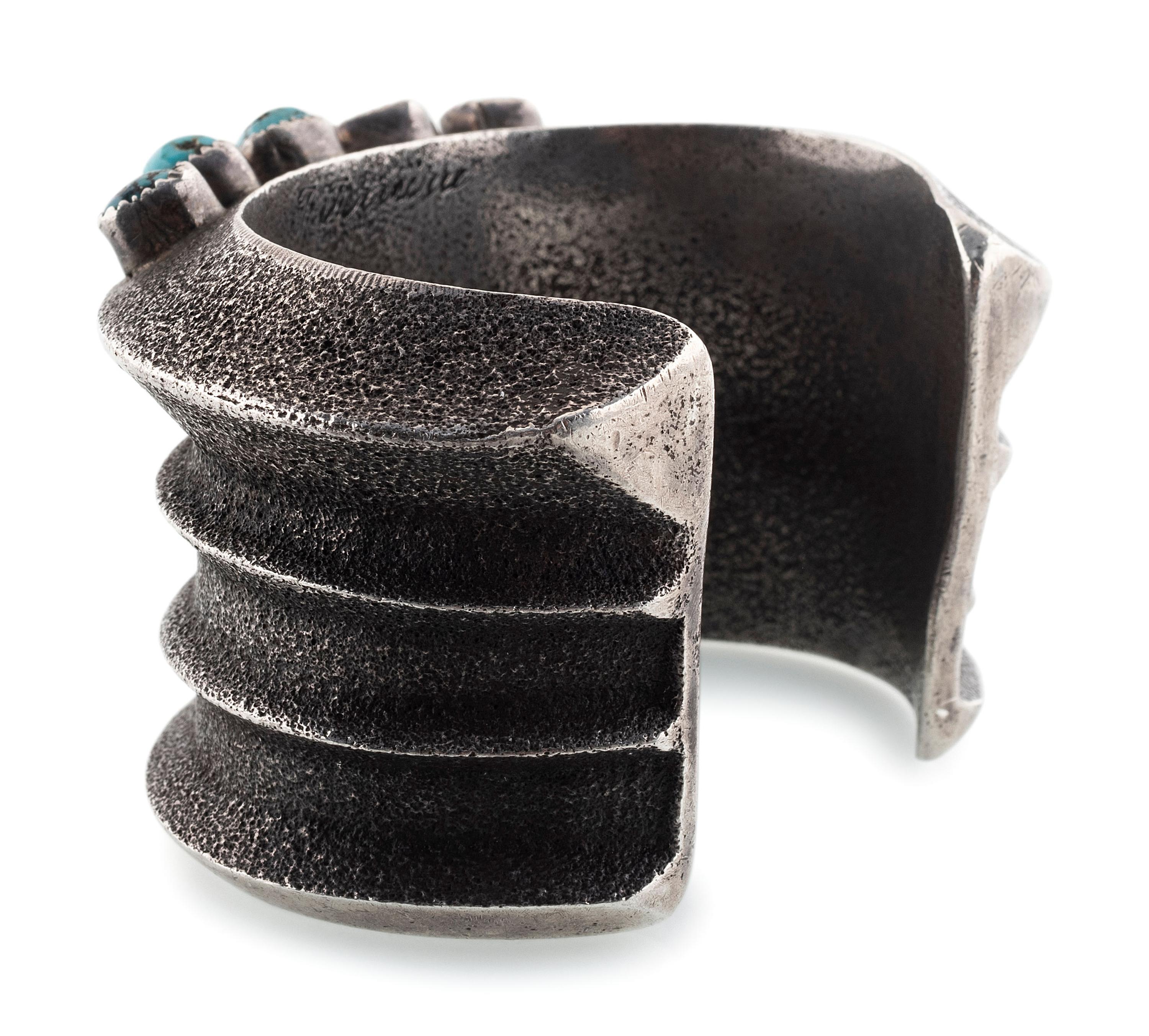 Navajo Heavy Tufa Cast Silver and Turquoise Cuff Bracelet