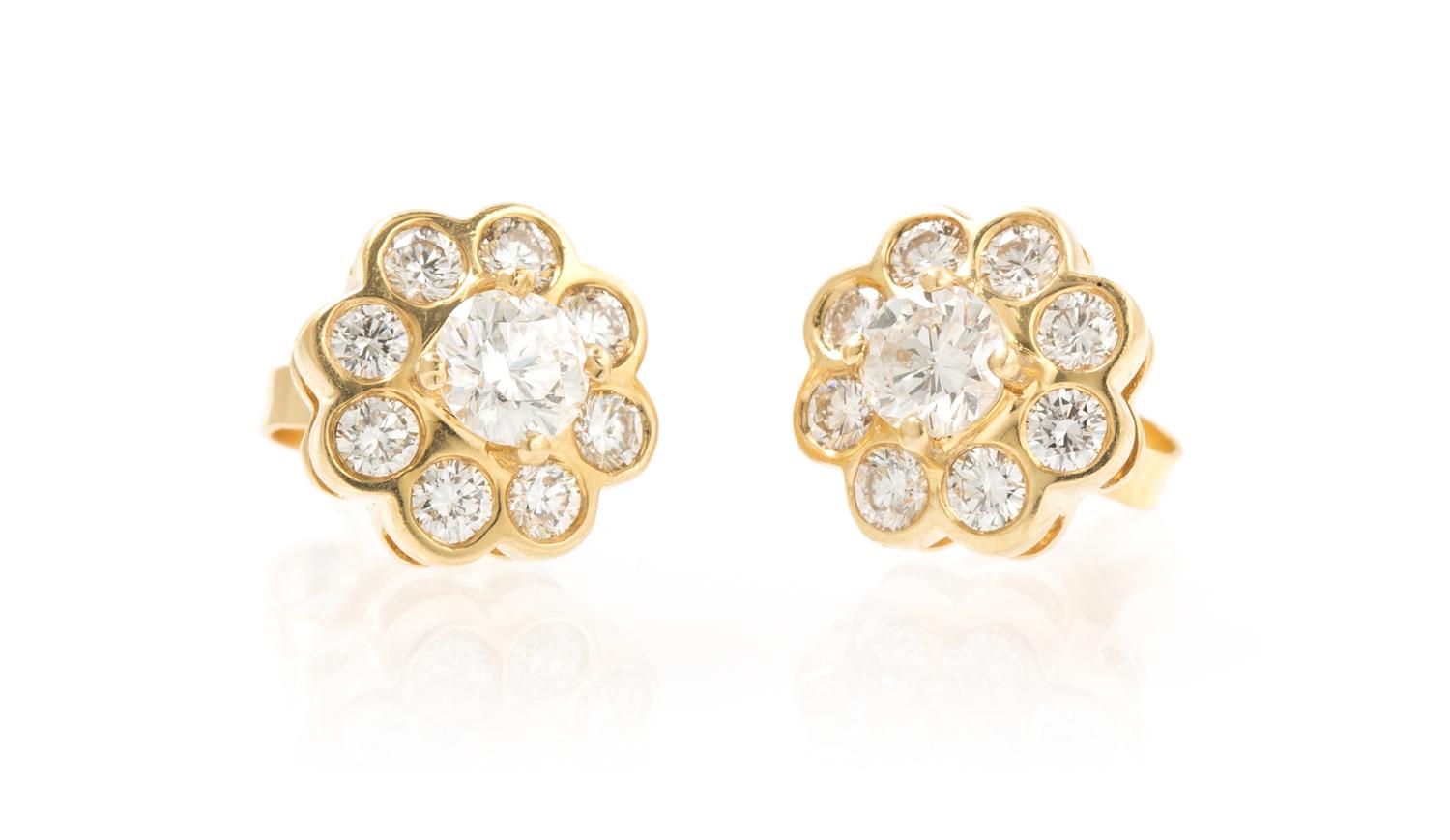 A Pair of Yellow Gold and Diamond Cluster Earrings, 1.80 dwts.