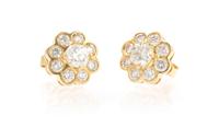 A Pair of Yellow Gold and Diamond Cluster Earrings, 1.80 dwts.