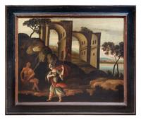 Italian School, (Tuscany, 17th Century), Landscapes with Figures, Ruins and a Harbor (a pair of works)