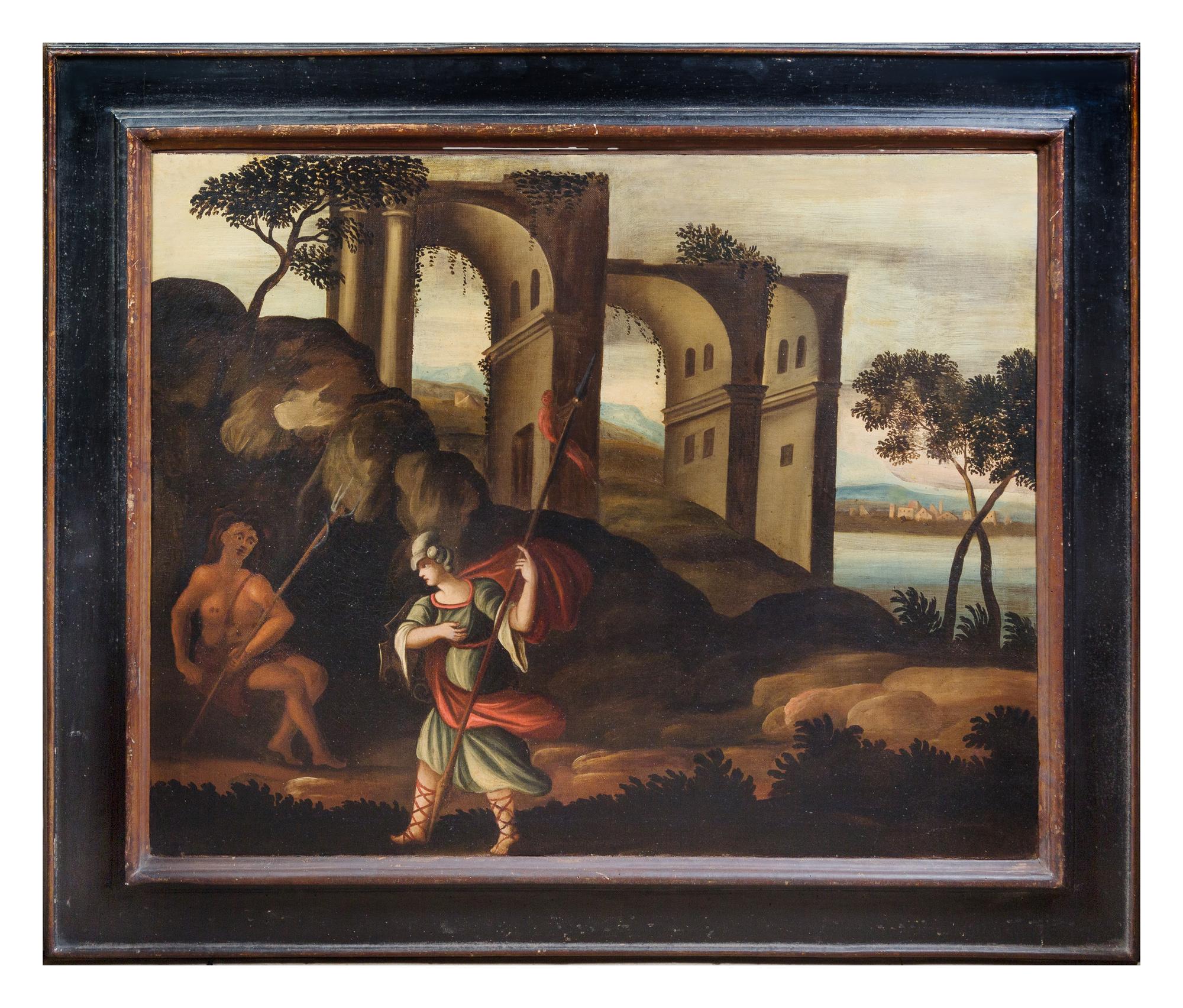 Italian School, (Tuscany, 17th Century), Landscapes with Figures, Ruins and a Harbor (a pair of works)