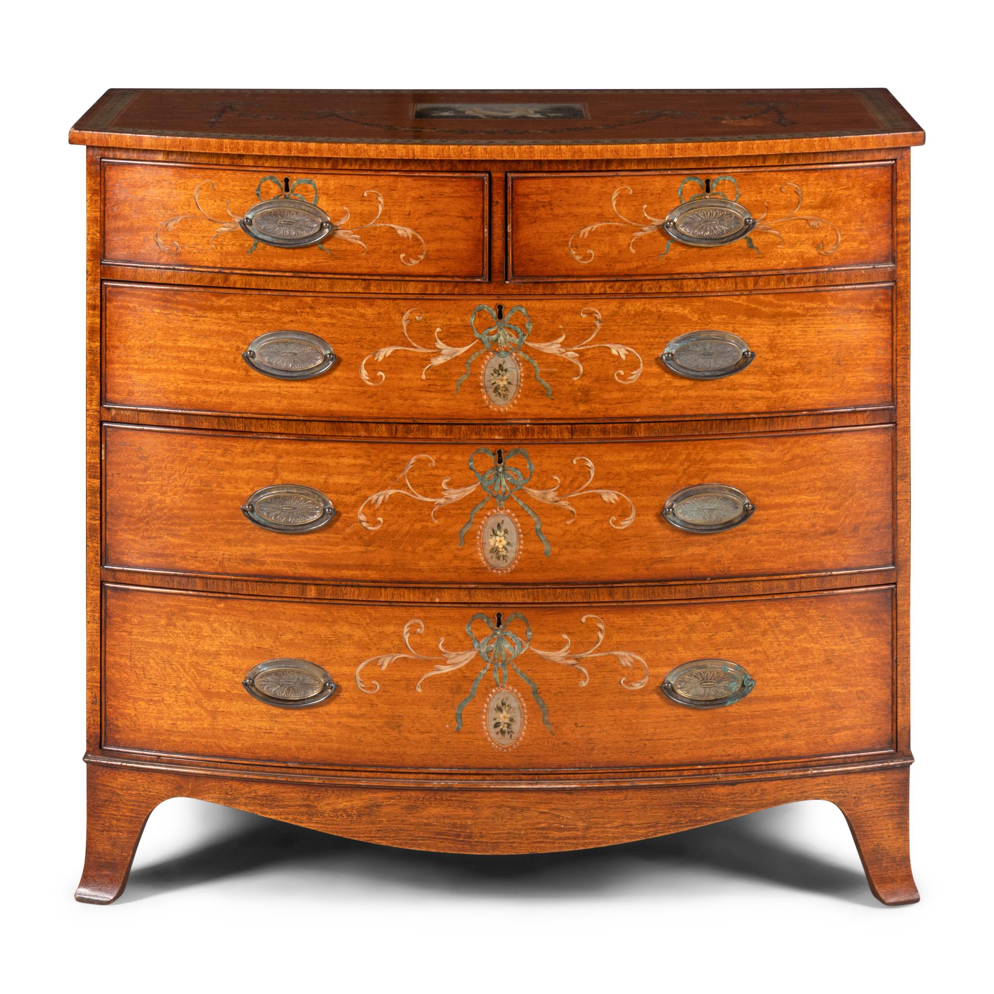 A Late George III Paint-Decorated Mahogany Bow-Front Chest of Drawers