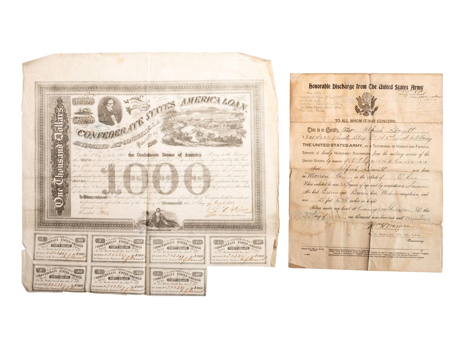 [MILITARIA INCLUDING THE CIVIL WAR]. A group of 8 items, incl. Confederate bond, southern newspaper, Union pay roster, signature of M. Genl. Sheridan, GAR pin and more.