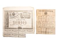[MILITARIA INCLUDING THE CIVIL WAR]. A group of 8 items, incl. Confederate bond, southern newspaper, Union pay roster, signature of M. Genl. Sheridan, GAR pin and more.