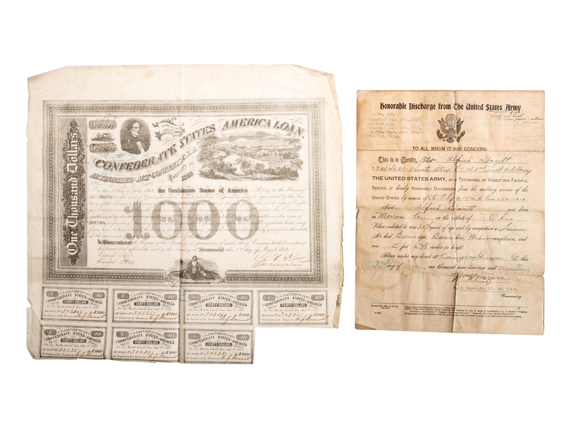 [MILITARIA INCLUDING THE CIVIL WAR]. A group of 8 items, incl. Confederate bond, southern newspaper, Union pay roster, signature of M. Genl. Sheridan, GAR pin and more.