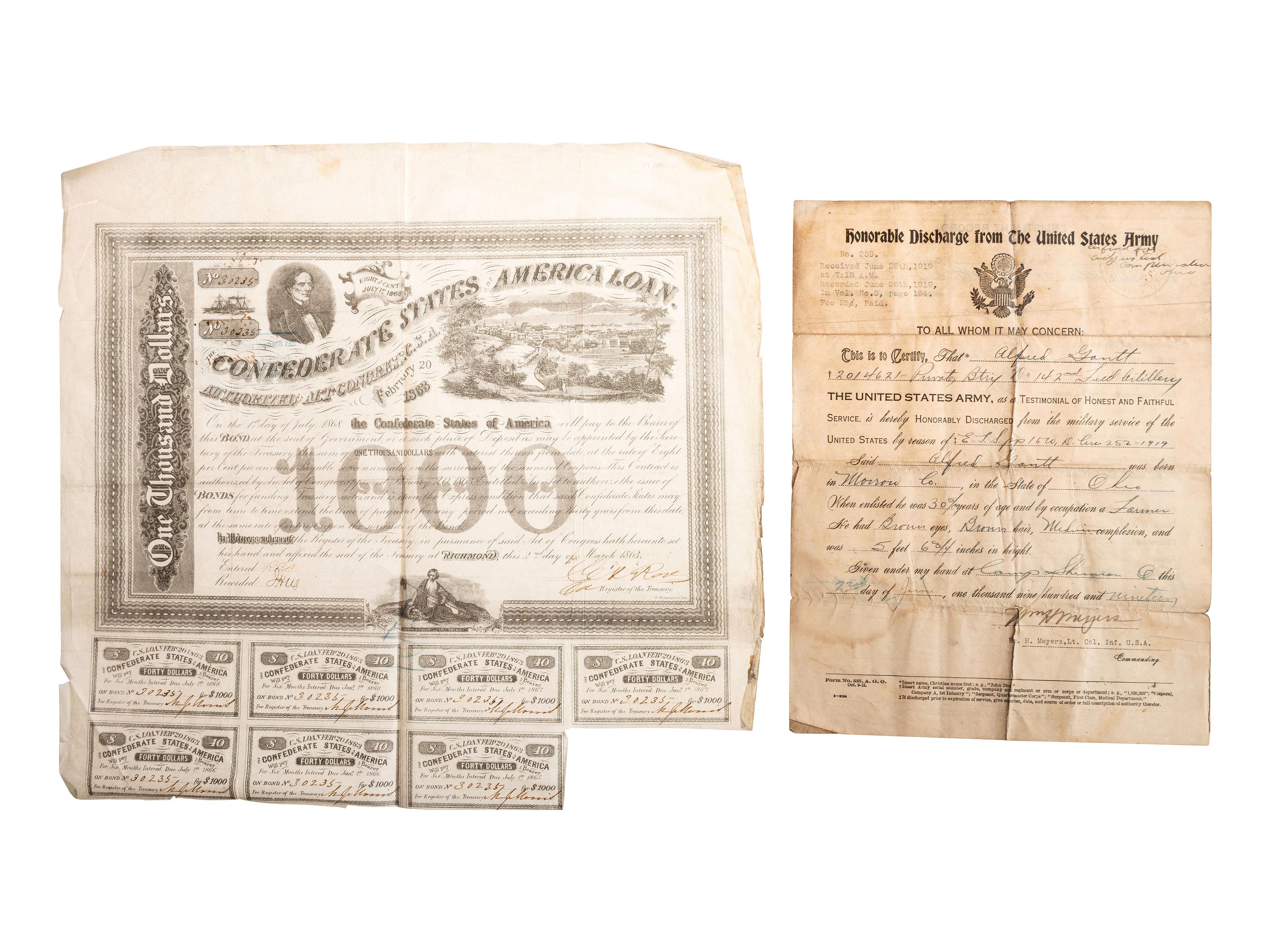 [MILITARIA INCLUDING THE CIVIL WAR]. A group of 8 items, incl. Confederate bond, southern newspaper, Union pay roster, signature of M. Genl. Sheridan, GAR pin and more.