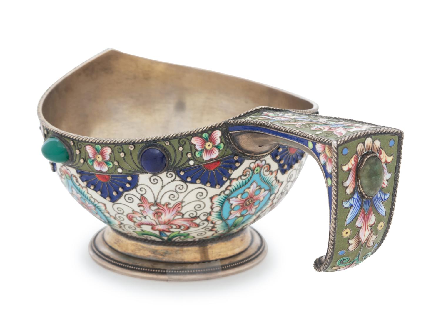 A Russian Silver and Shaded Enamel Kovsh
