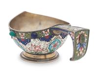 A Russian Silver and Shaded Enamel Kovsh