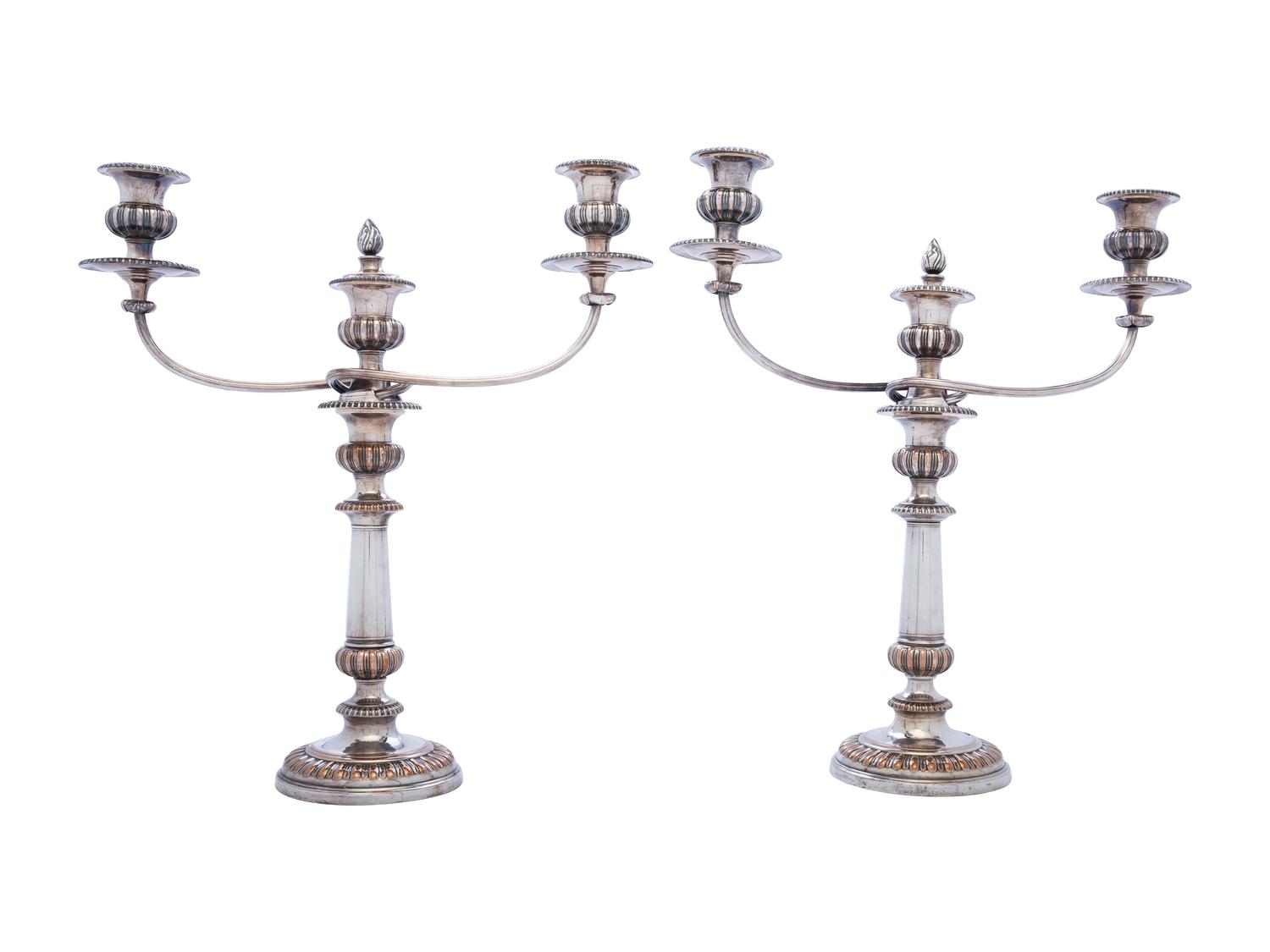 A Pair of English Silverplate Three Light Candelabra
