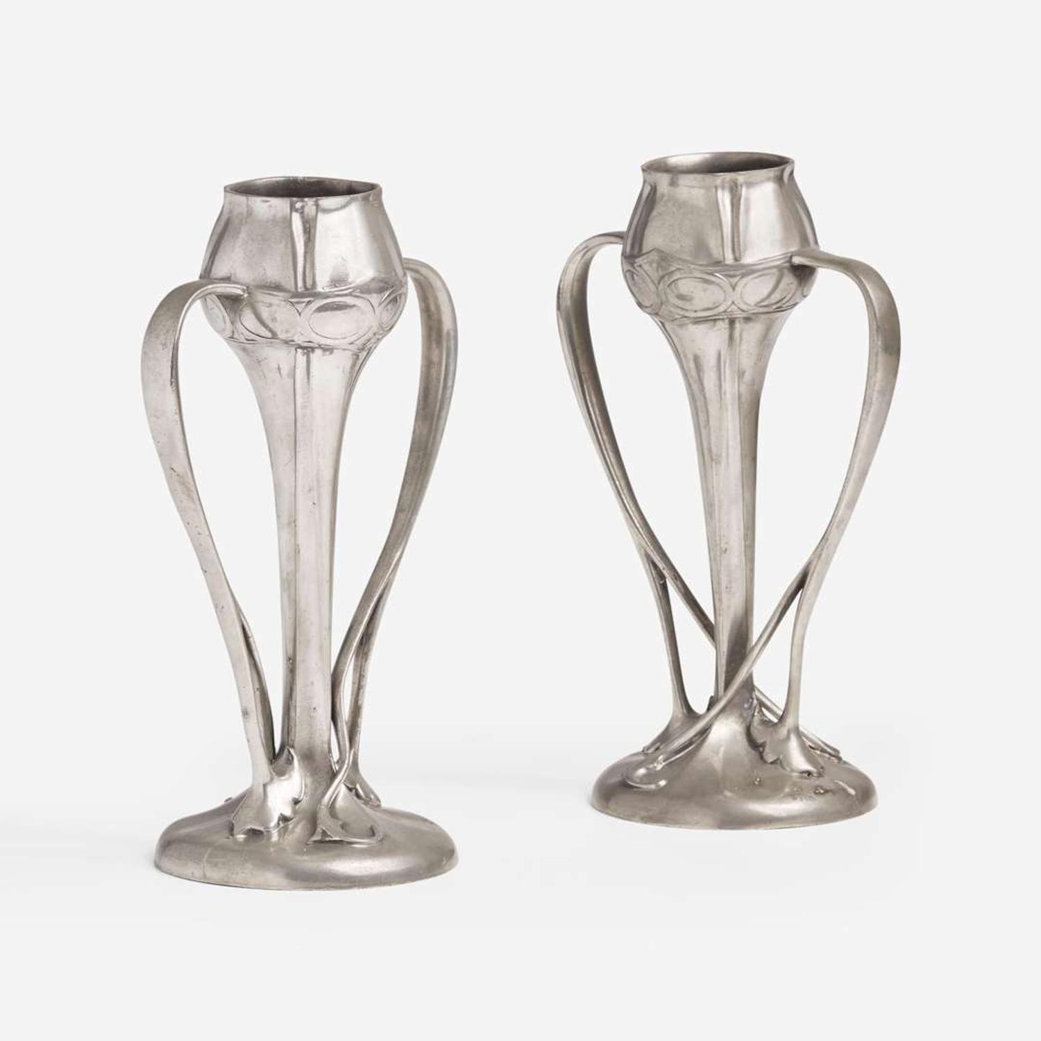 Archibald Knox for Liberty & Co., London Pair of Pewter Twin Handled "Tulip" Vases, England, circa 1903