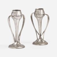 Archibald Knox for Liberty & Co., London Pair of Pewter Twin Handled "Tulip" Vases, England, circa 1903