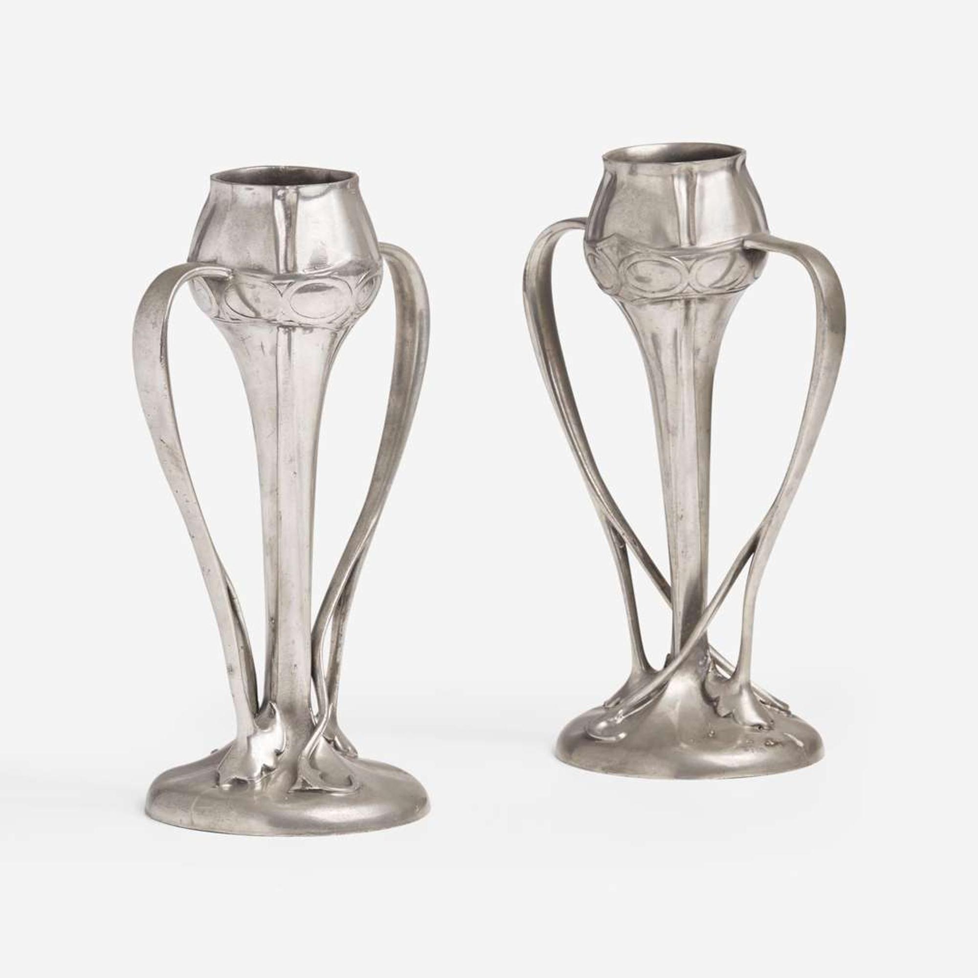 Archibald Knox for Liberty & Co., London Pair of Pewter Twin Handled "Tulip" Vases, England, circa 1903