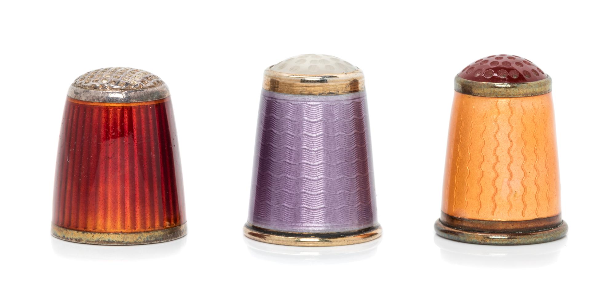 A Group of Three Silver and Guilloche Enamel Thimbles, David Andersen, Oslo and others, comprising two examples with glass tops and one