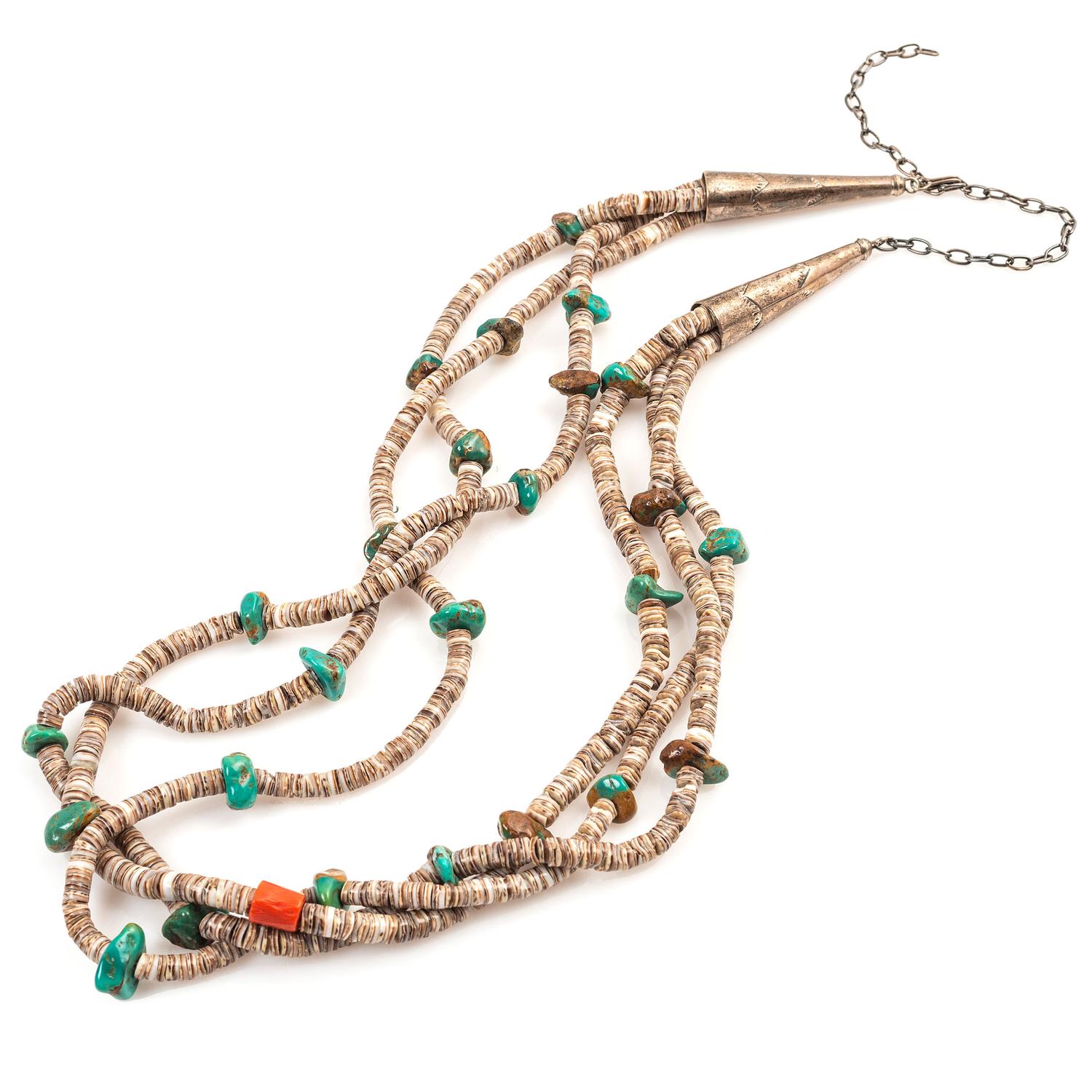 Three-Strand Necklace Strung with Heishi, Turquoise, and Coral