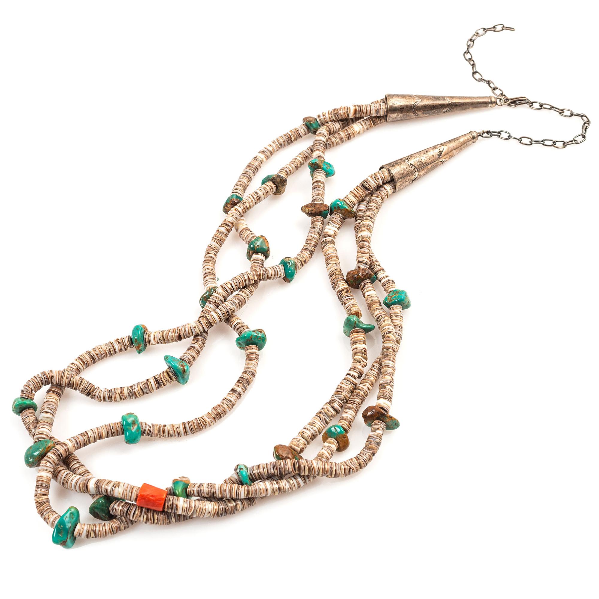 Three-Strand Necklace Strung with Heishi, Turquoise, and Coral