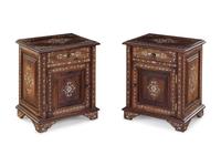 A Pair of Syrian Mother-of-Pearl Carved and Inlaid Walnut Night Stands