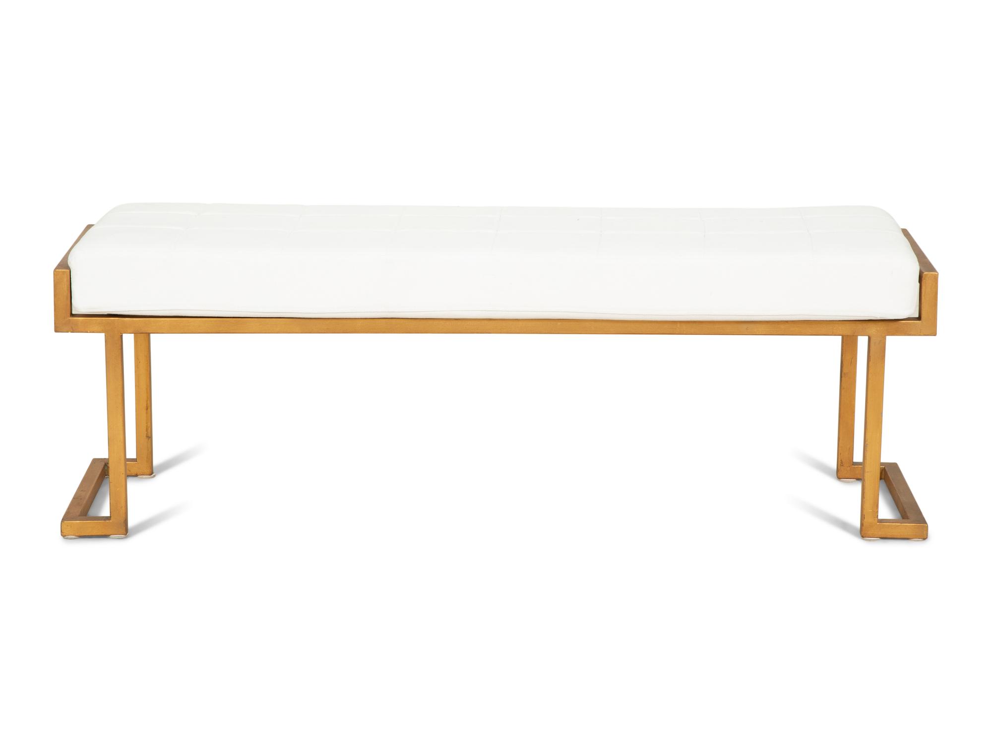 A Contemporary Brass Base Bench with White Upholstered Seat — 21st century