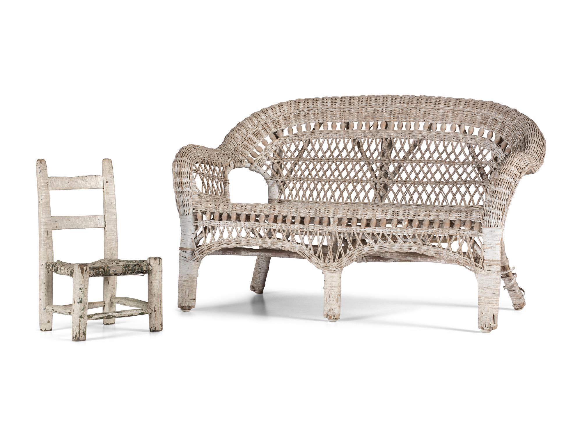 A White Painted Child's Wicker Settee and Chair
