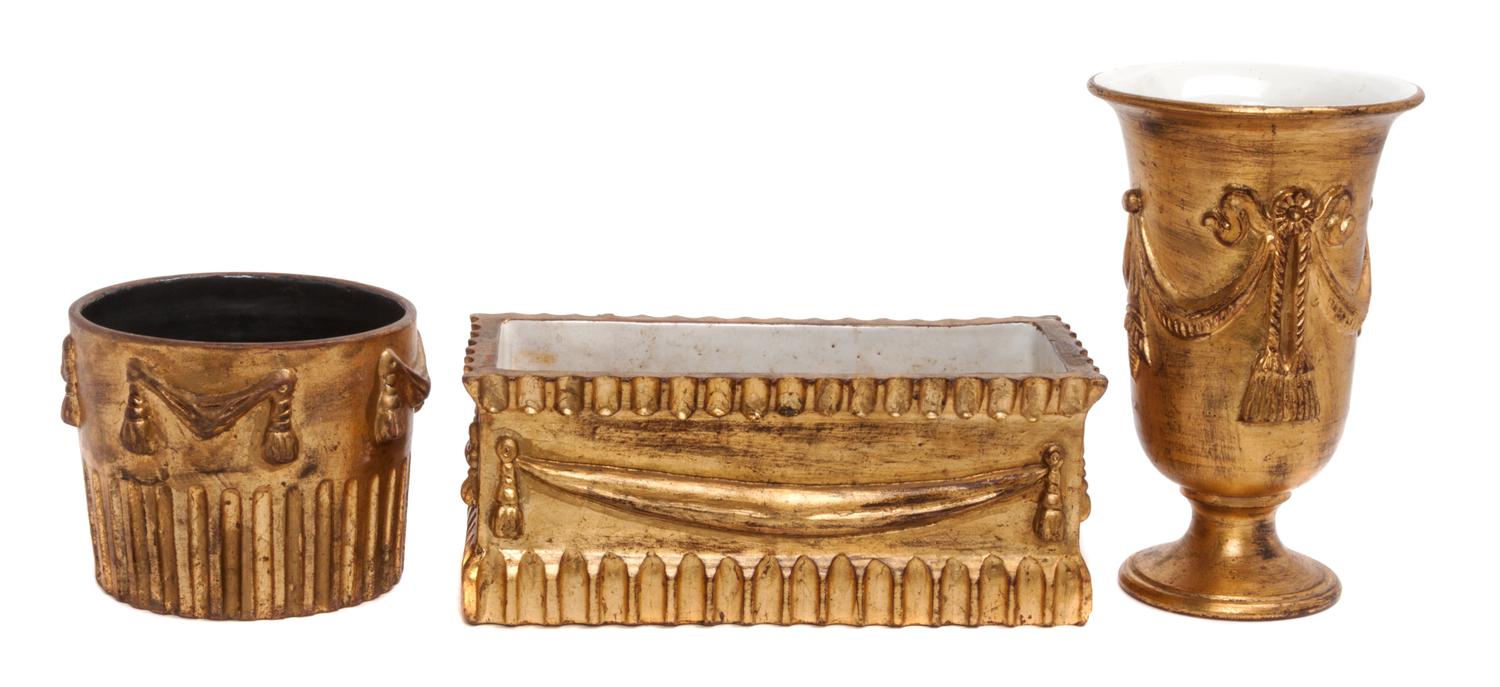 Two Italian Gilt Decorated Ceramic Jardinieres Height of first 15 1/2 inches.