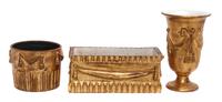 Two Italian Gilt Decorated Ceramic Jardinieres Height of first 15 1/2 inches.