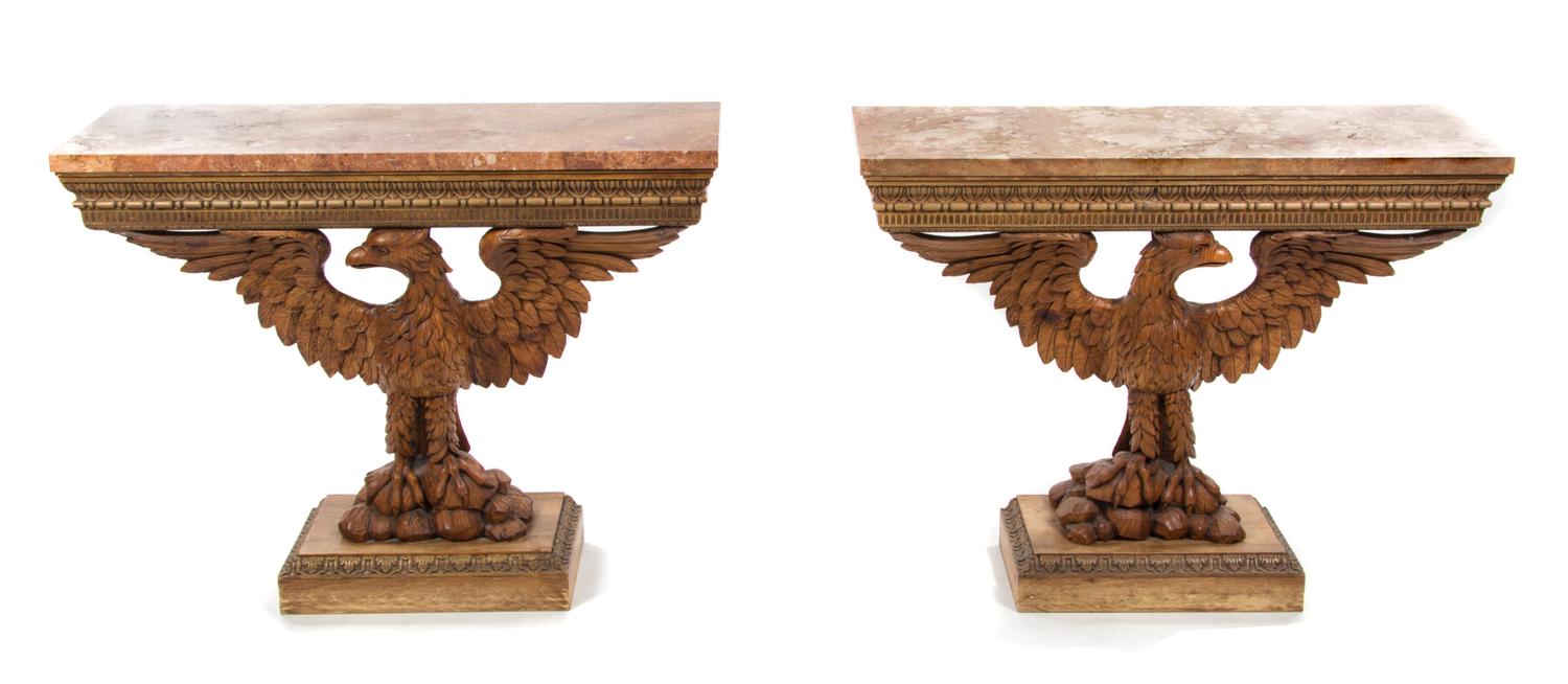A Pair of George II Style Carved Figural Console Tables, Height 33 3/4 x width 43 1/4 x depth 15 1/2 inches.