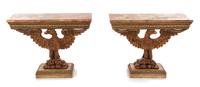 A Pair of George II Style Carved Figural Console Tables, Height 33 3/4 x width 43 1/4 x depth 15 1/2 inches.
