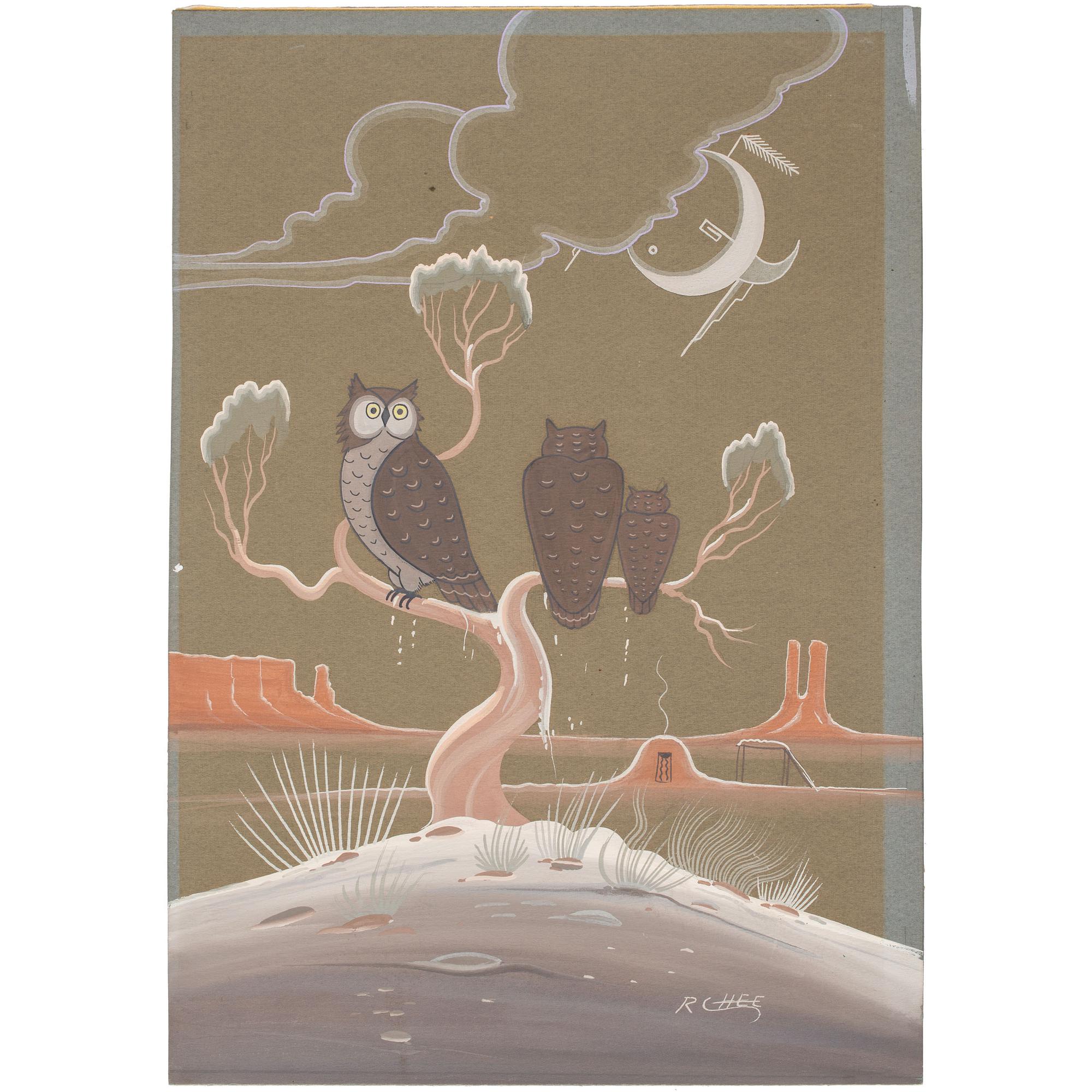 untitled, landscape with owls