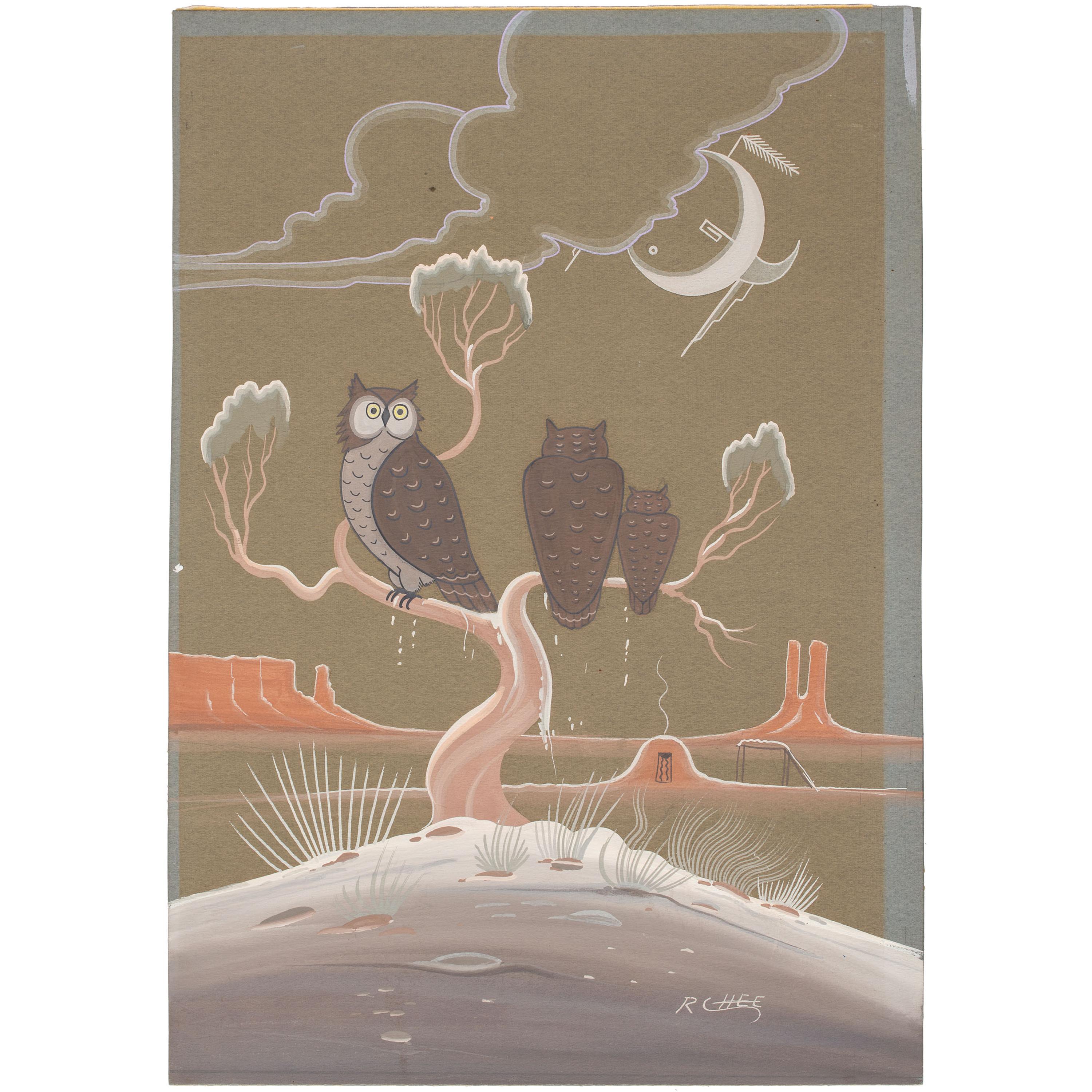 untitled, landscape with owls