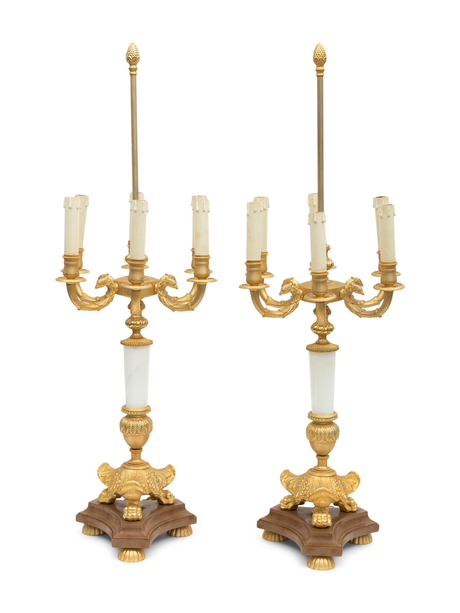 A Pair of Large Gilt Metal and Marble Six-Light Candelabra